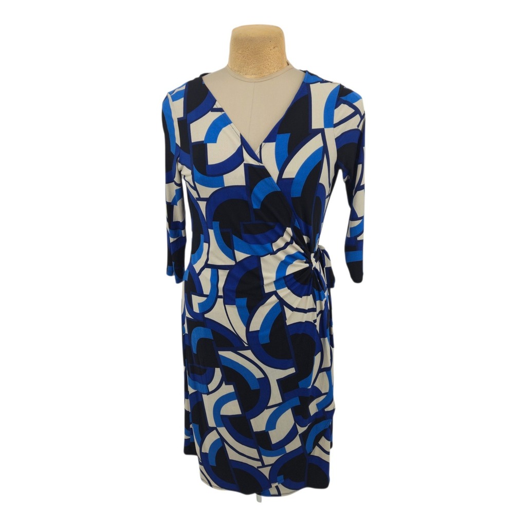 London Style Wrap Dress Women Size 16 Blue Geometric Knee Length Slinky Office